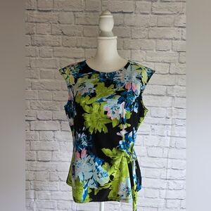 Kasper Floral Tie-Waist Blouse - Black, Blue, Green